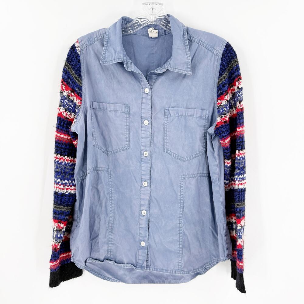 Free People We The Free Knit Sleeve Chambray Boho Shirt Jacket M